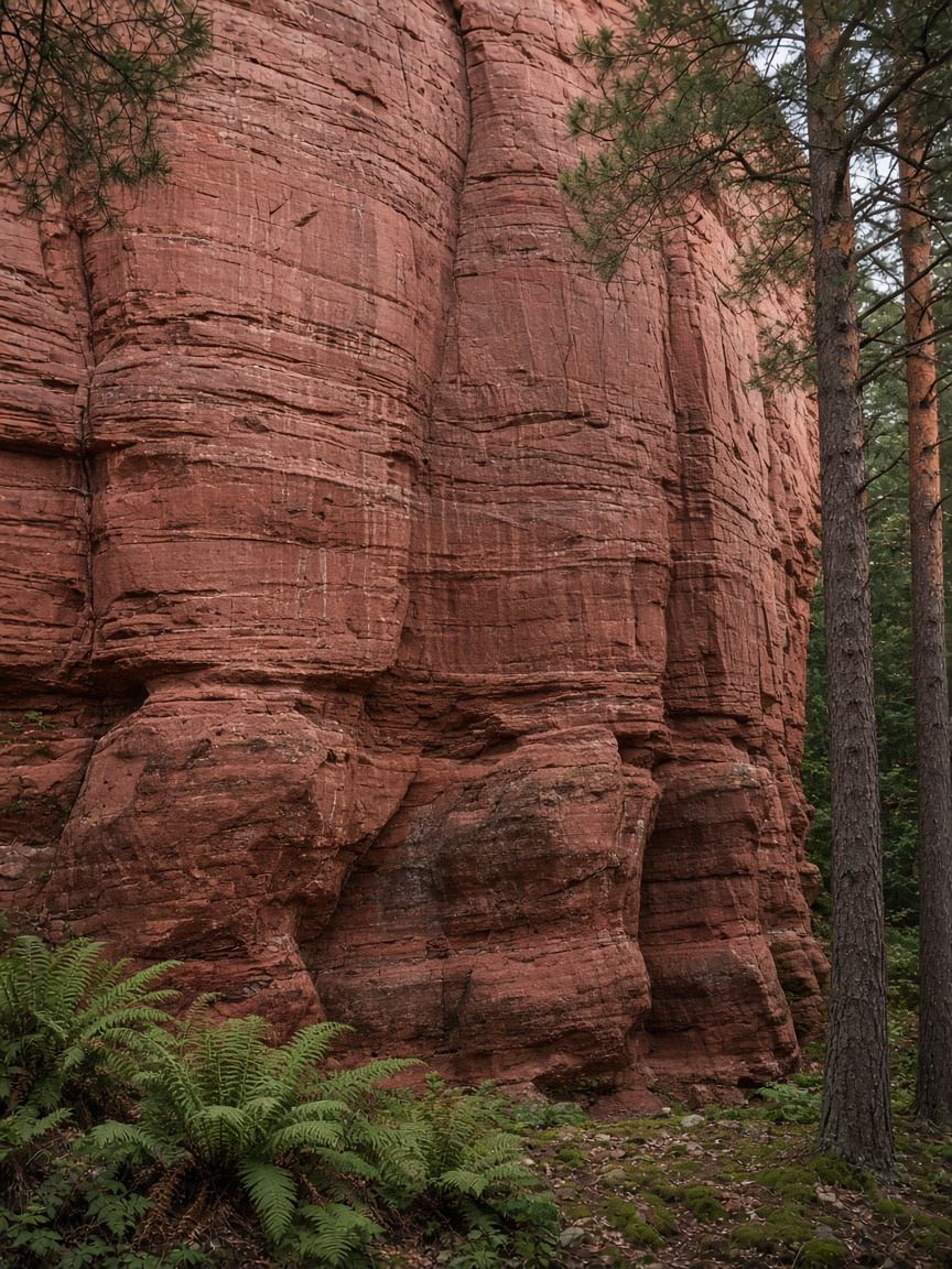 Vertikale rote Sandsteinwand im Pfälzerwald bei Morgenlicht